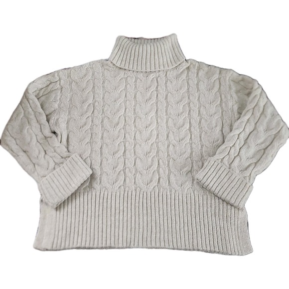 Chunky Cable Knit Fisherman Sweater Womens Sz M Ivory Poly Wool Blend Norwegian‎ - Picture 1 of 11